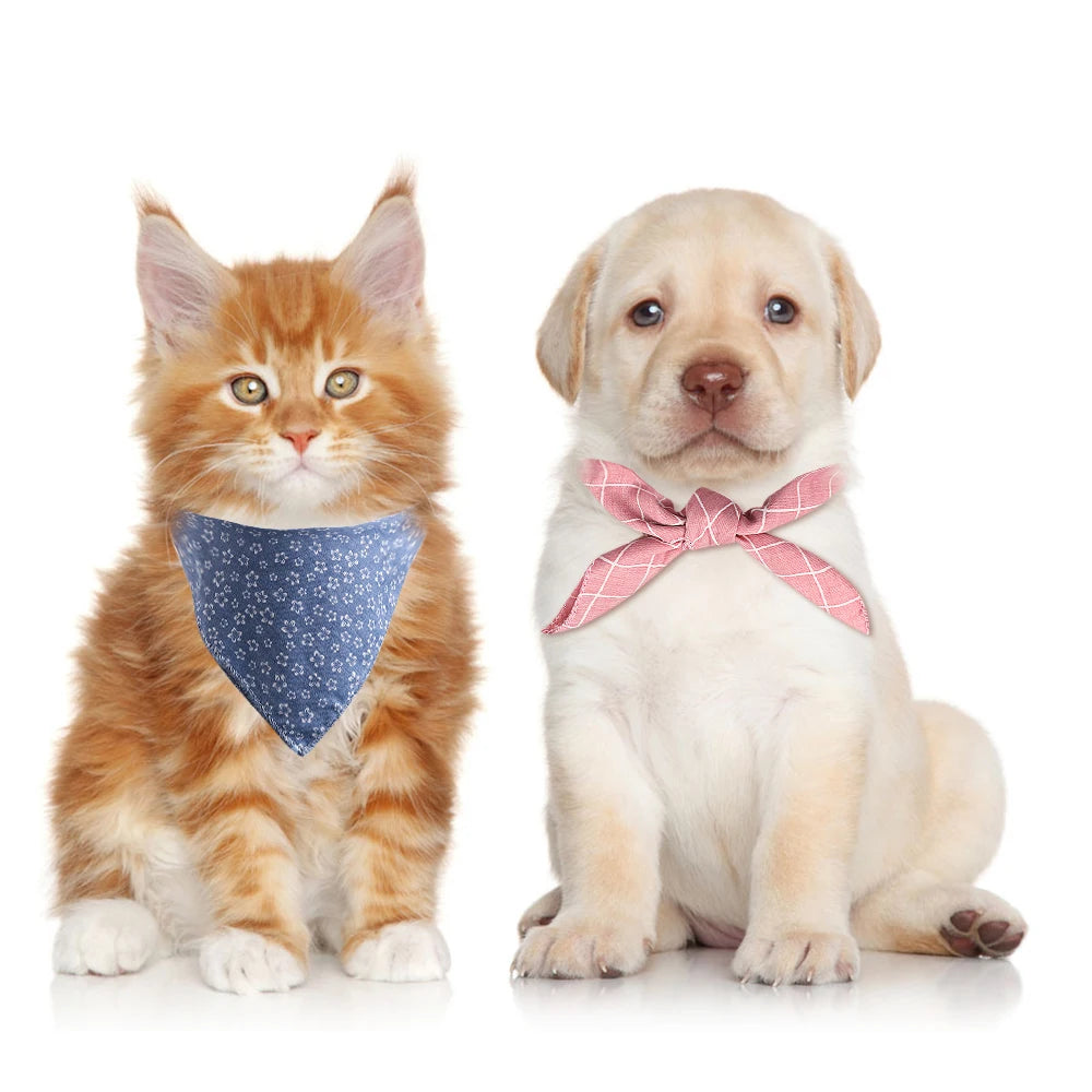 Pet Bandanas Plaid Dots Style Cotton Washable Dog Bandanas Scarf Bowties Collar Pet Square Bib For Puppies Kittens