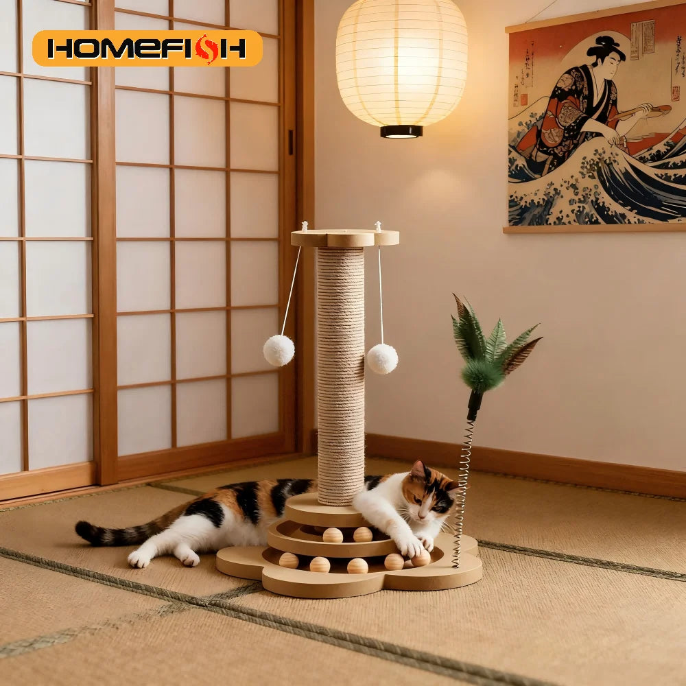 Pet Cat Toy Solid Wood Cat Turntable Funny Cat Stick Balls Durable Sisal Scratching Board Cat Supplies Cat Grab Column