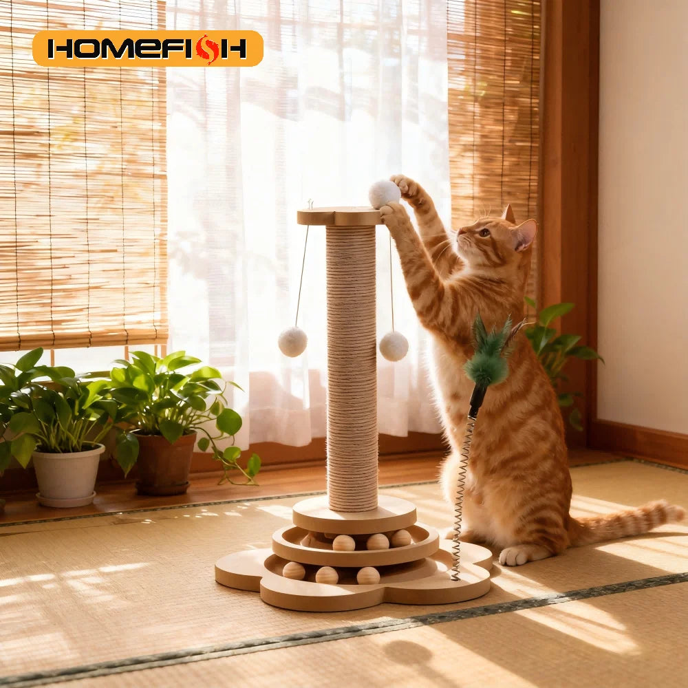 Pet Cat Toy Solid Wood Cat Turntable Funny Cat Stick Balls Durable Sisal Scratching Board Cat Supplies Cat Grab Column
